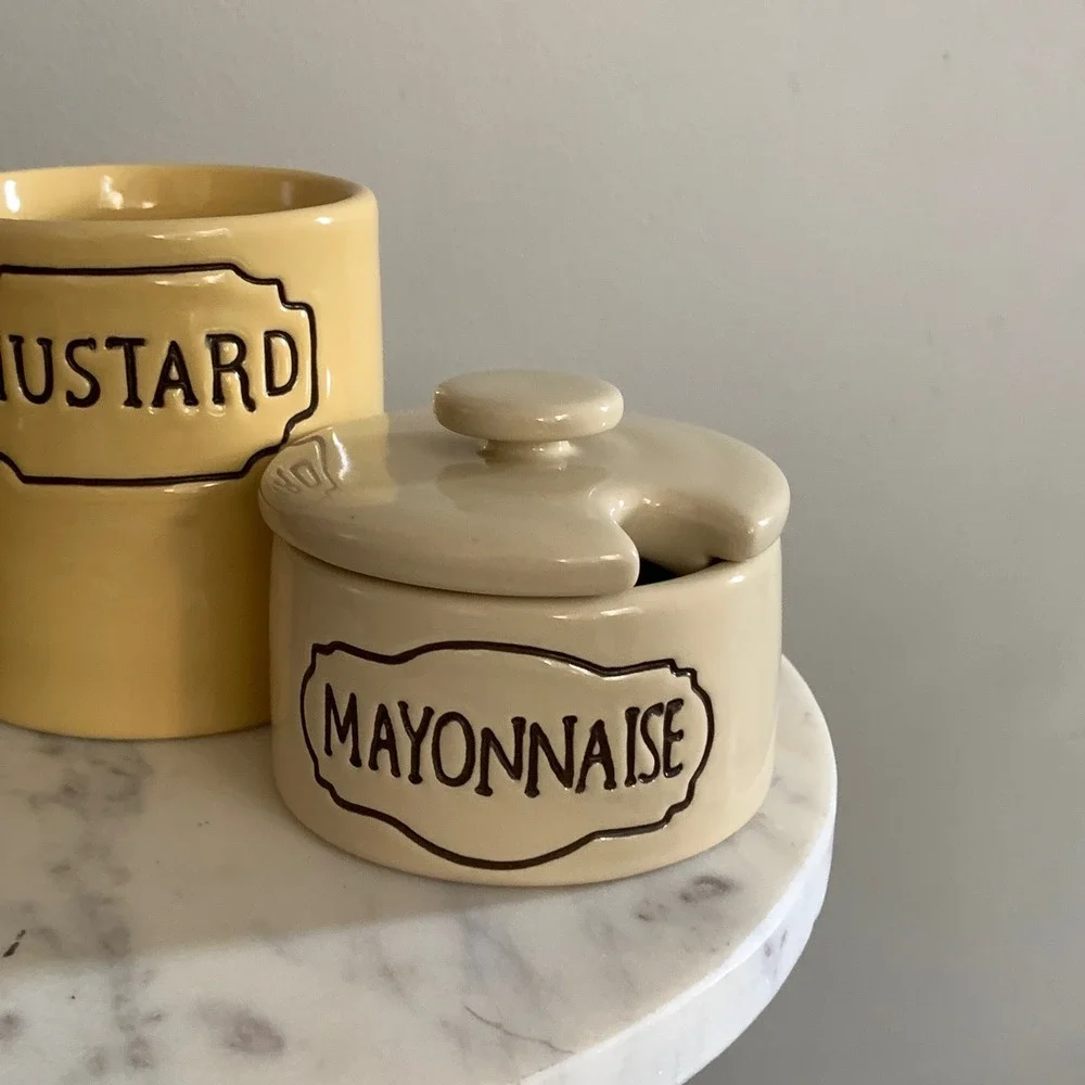 Pottery Barn Ceramic Condiment Set Relish‎ Mustard Mayonnaise Jars 3 Piece Set